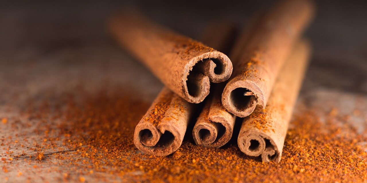 Cinco ramas de canela sobre canela en polvo