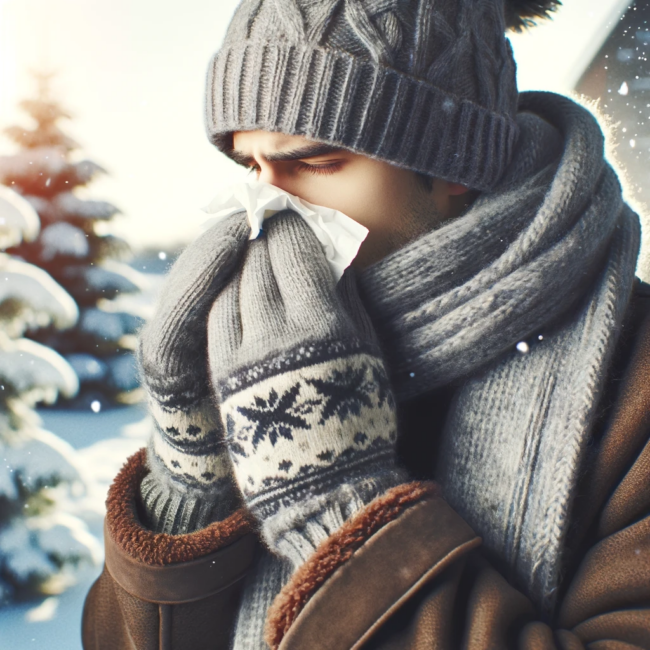 alergias-en-invierno Chico con bufanda, gorro y guantes sonándose la nariz por alergia en invierno.