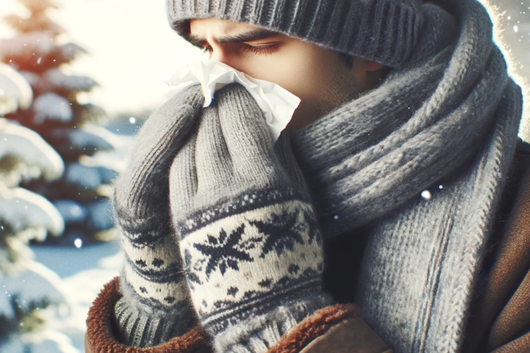 Chico con bufanda, gorro y guantes sonándose la nariz por alergia en invierno.